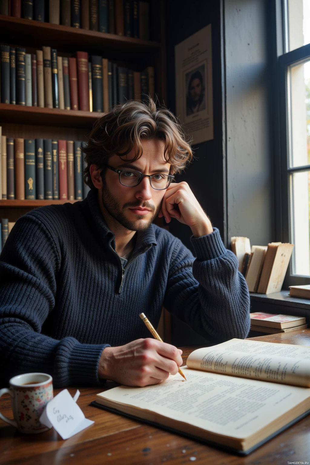A person wearing glasses sits at a desk, writing in a book with a pencil.