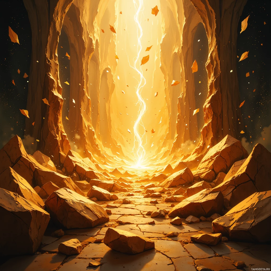 A fiery, cracked pathway leads towards a bright, glowing light at the end of a tunnel.