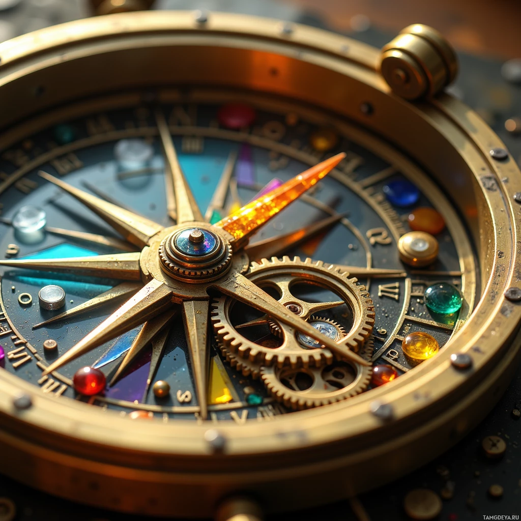 A close-up of a luxurious compass with intricate gears and gemstones.