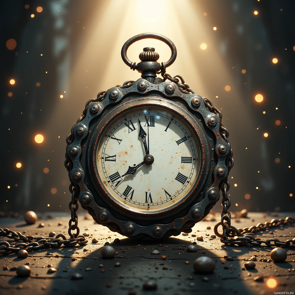 An ornate pocket watch with a chain, set against a glowing, textured background.