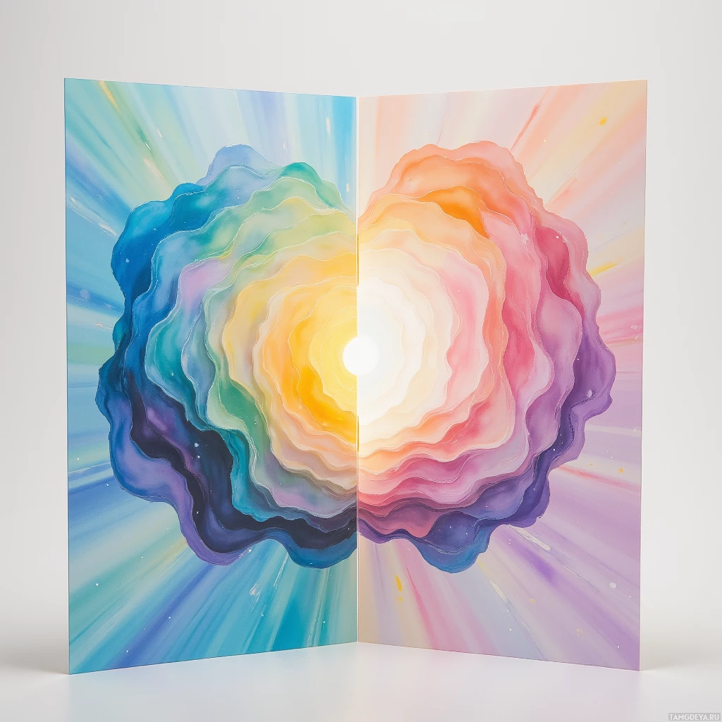 A vibrant, abstract painting featuring concentric, wavy layers of blue, green, yellow, orange, pink, and purple, radiating outward from a central white light.