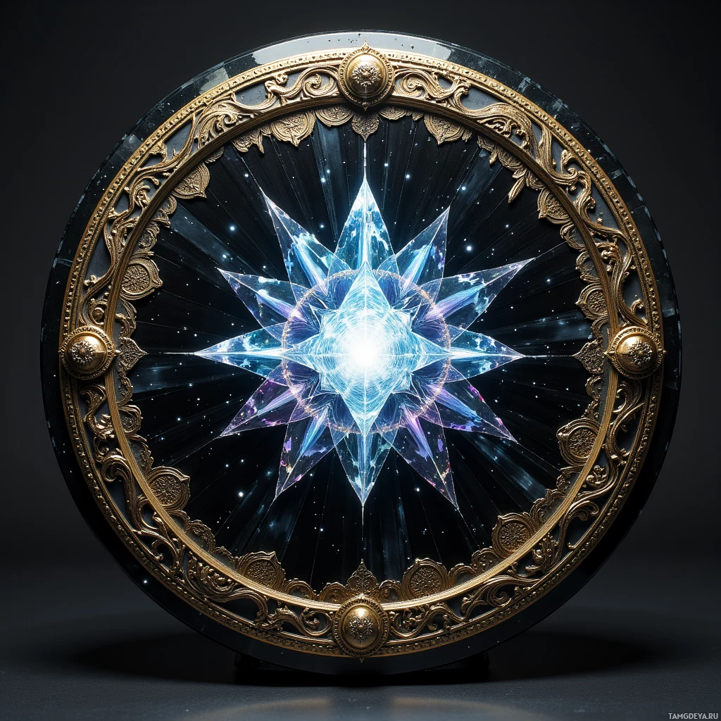 A circular ornate frame with a glowing starburst design in the center.