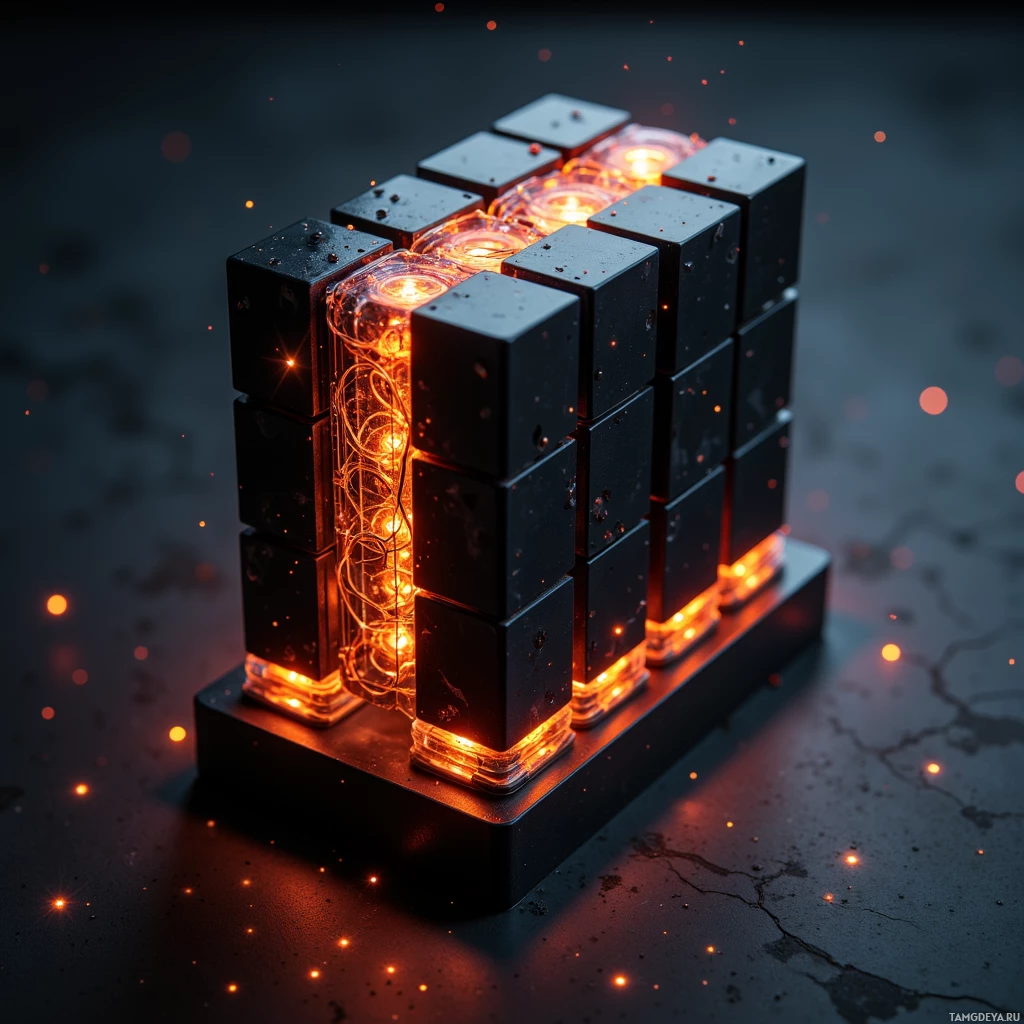 A glowing, intricate structure composed of black cubes with orange and red lights emanating from within.