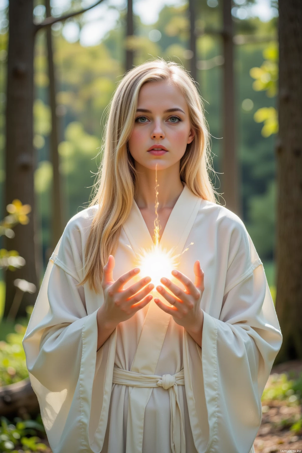 A person in a white robe stands in a forest, hands cupped to catch a glowing light.