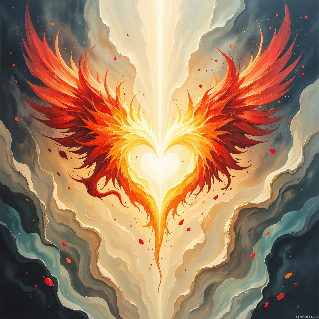 A vibrant heart-shaped phoenix with fiery wings and glowing light at its center.