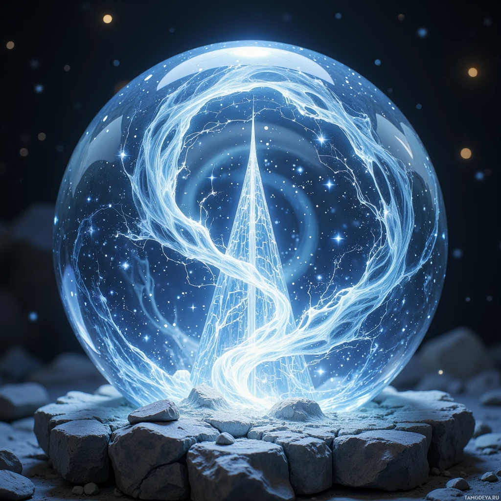 A glowing crystal ball rests on rocks against a starry night sky.