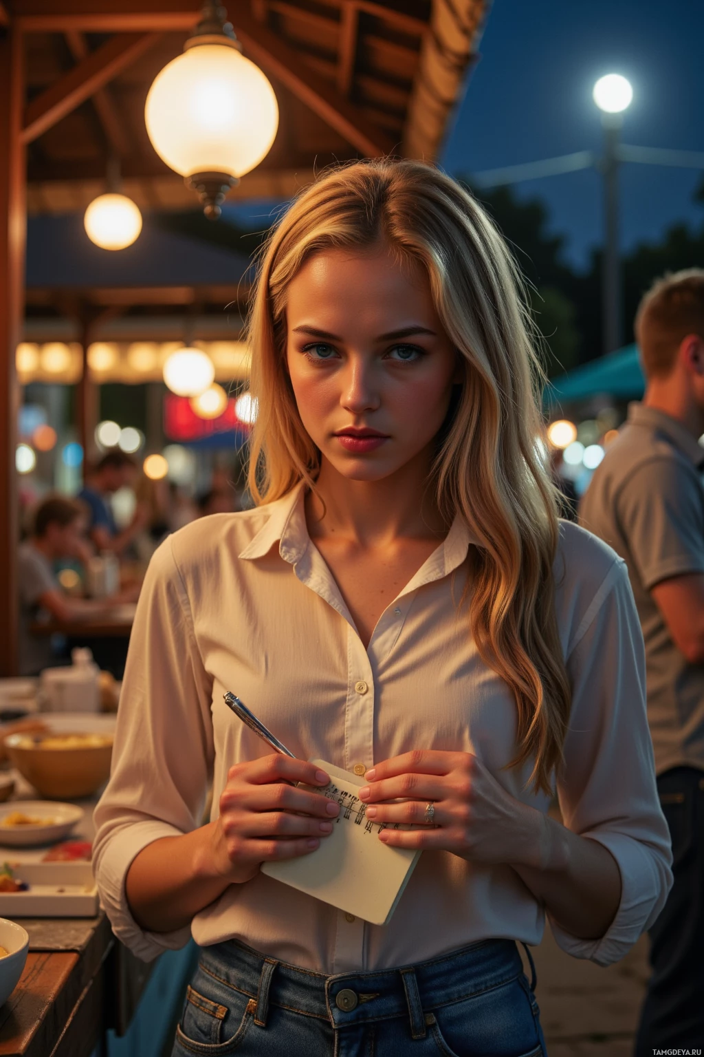 A person wearing a white shirt and jeans holds a notebook with a pen in an outdoor setting at dusk.