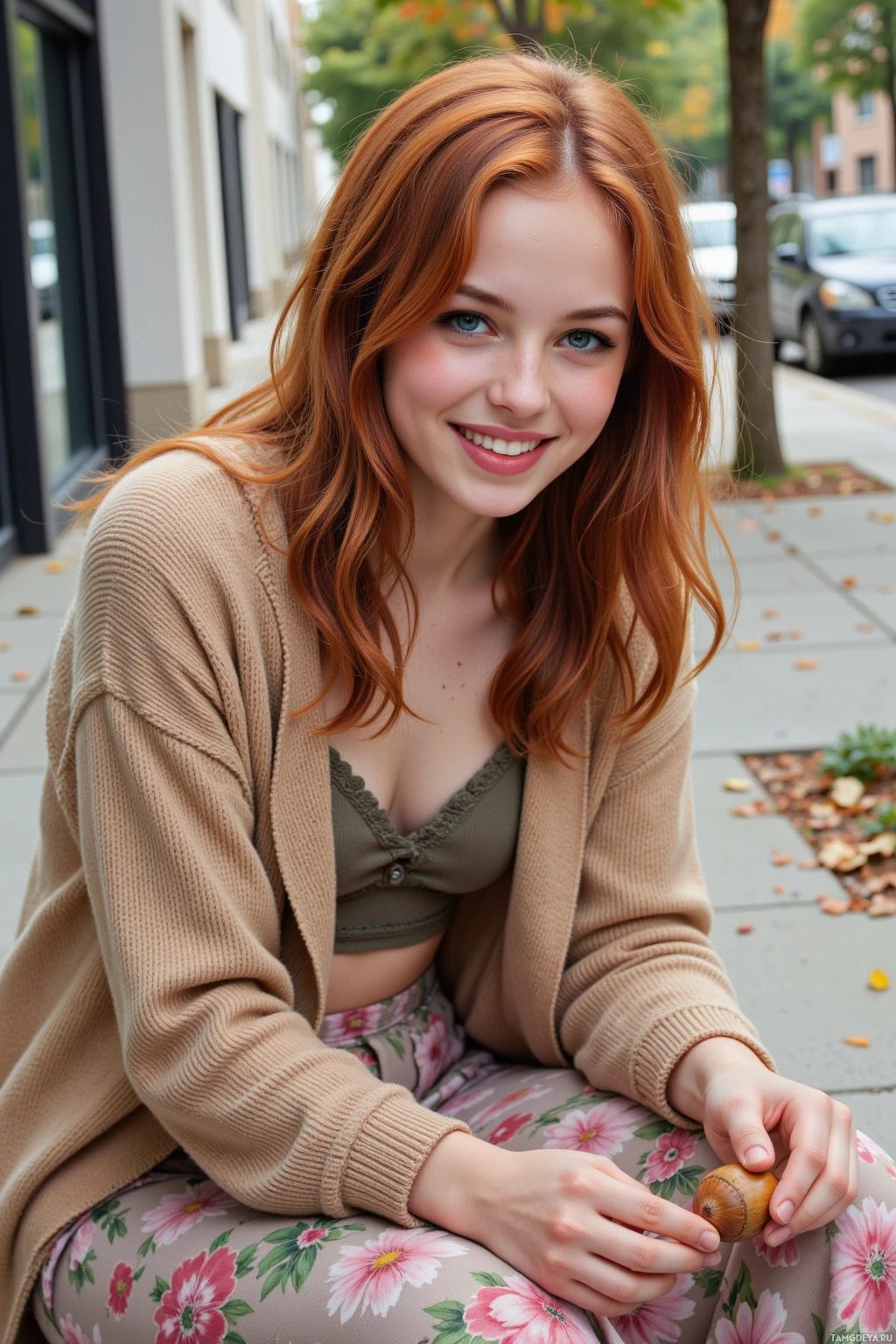 A person with red hair wearing a beige cardigan and floral pants is sitting on a sidewalk.