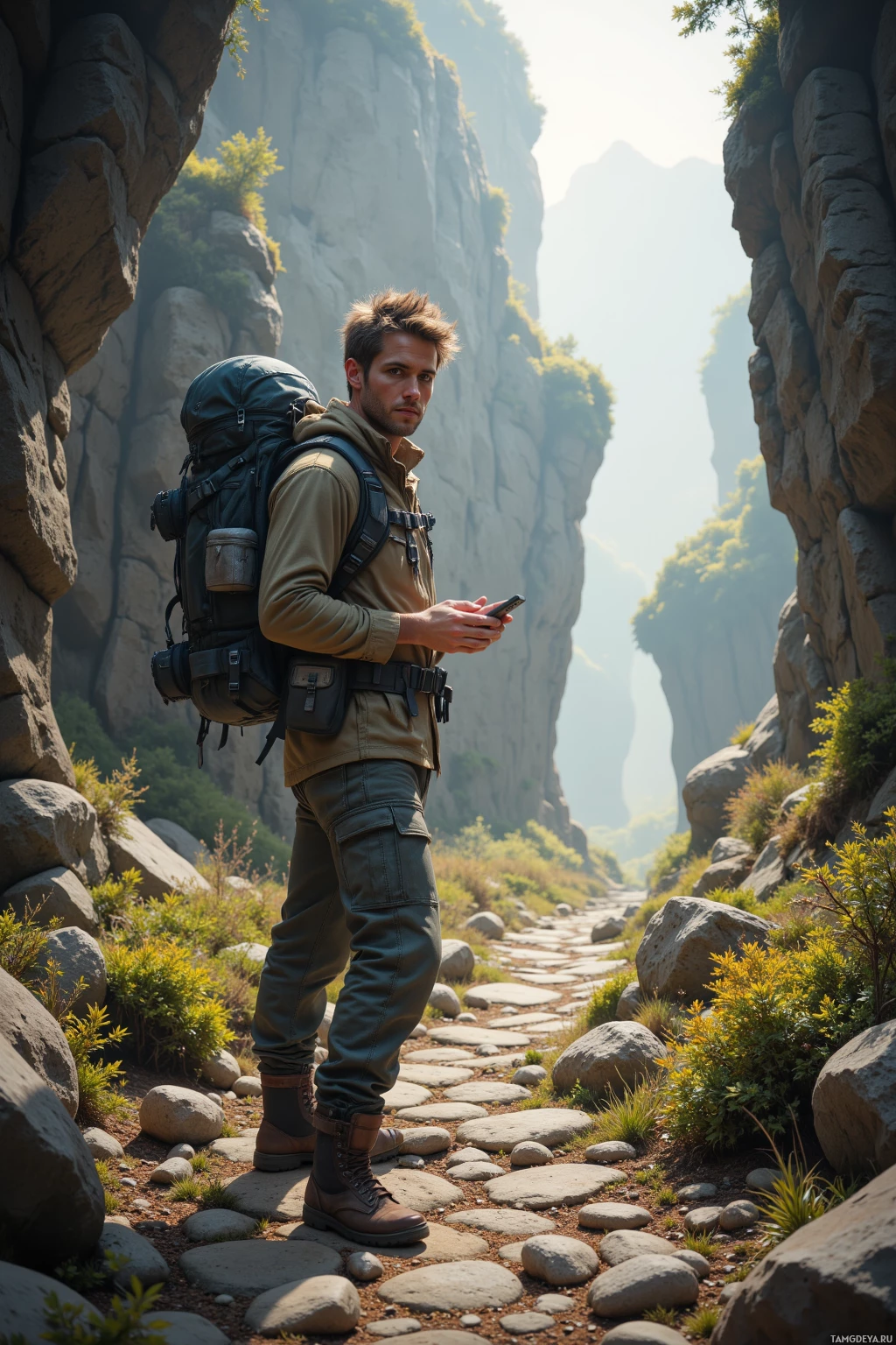 A hiker stands on a rocky path in a narrow canyon, holding a phone and wearing a backpack.