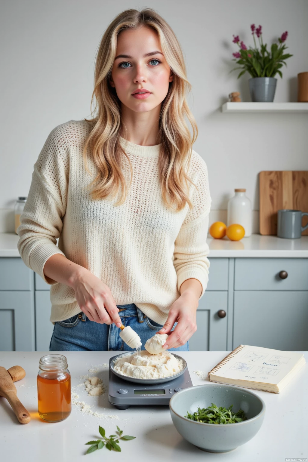 A person is mixing ingredients in a bowl on a kitchen counter.