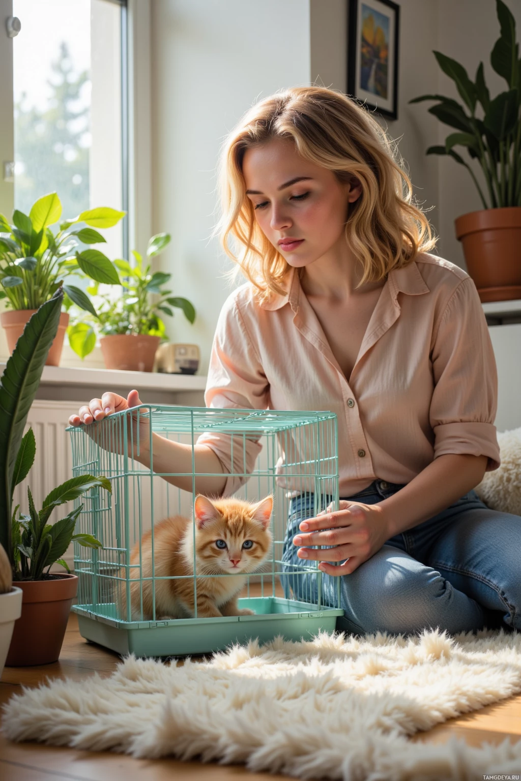 A person is sitting on the floor with a small orange kitten in a teal cage.