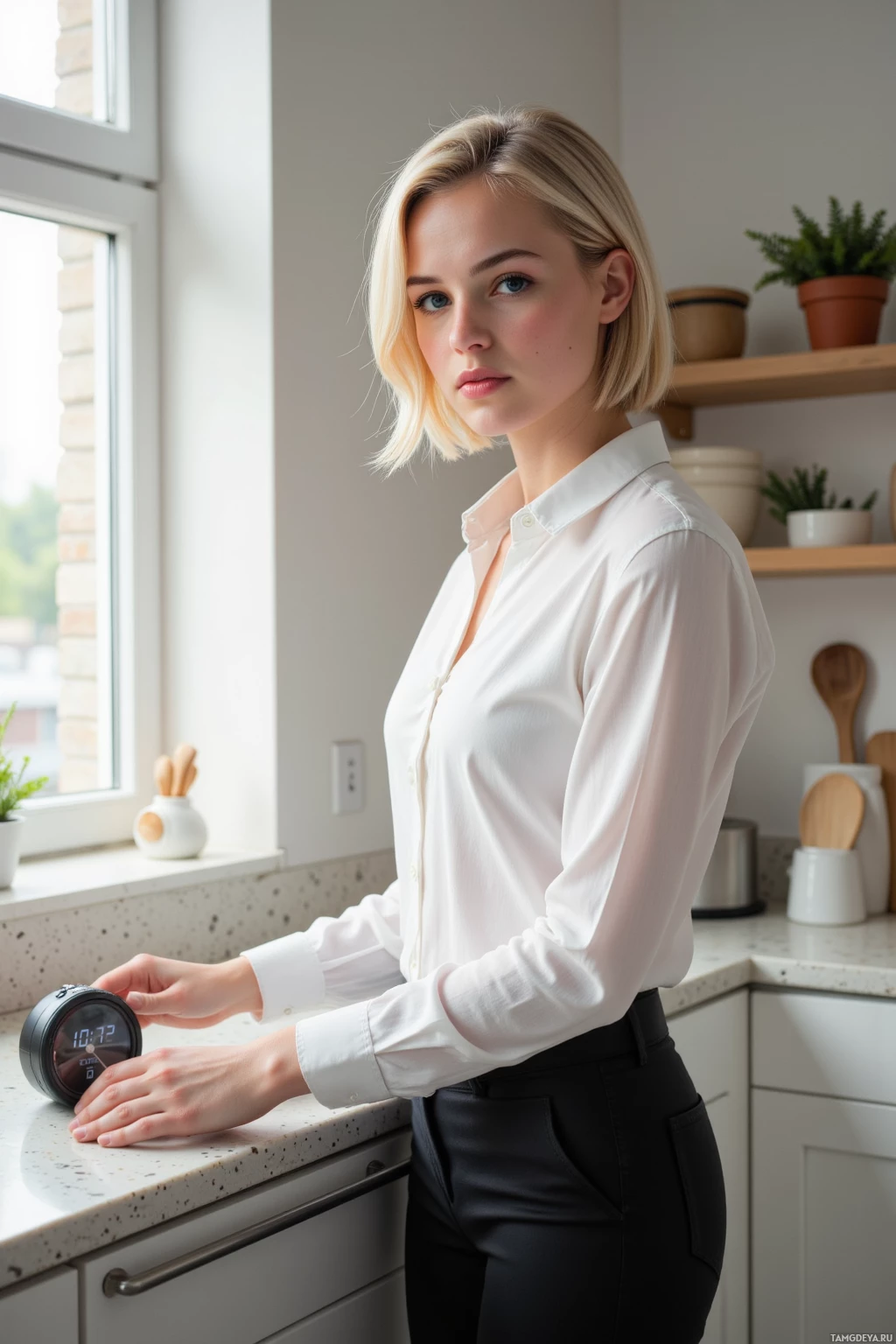A person in a white shirt stands by a kitchen counter, adjusting an alarm clock displaying "10:72.