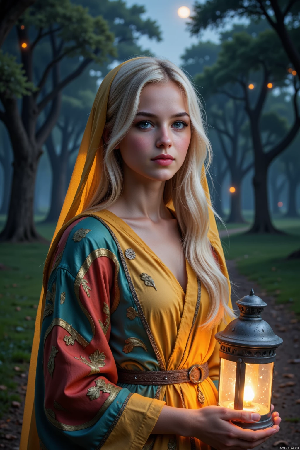 A person in a colorful robe holds a glowing lantern in a forest setting.
