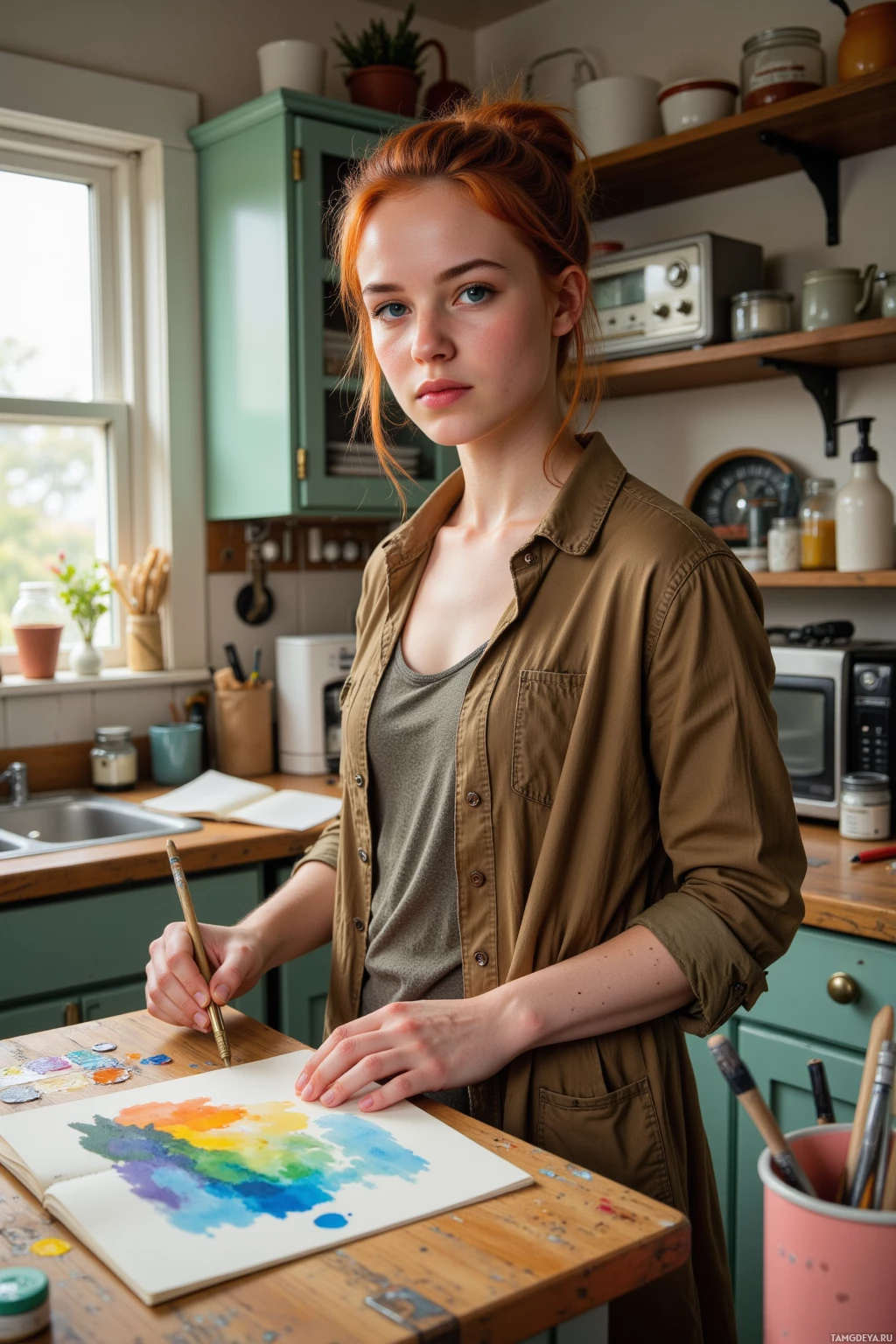 A person is painting with watercolors in a cozy kitchen setting.
