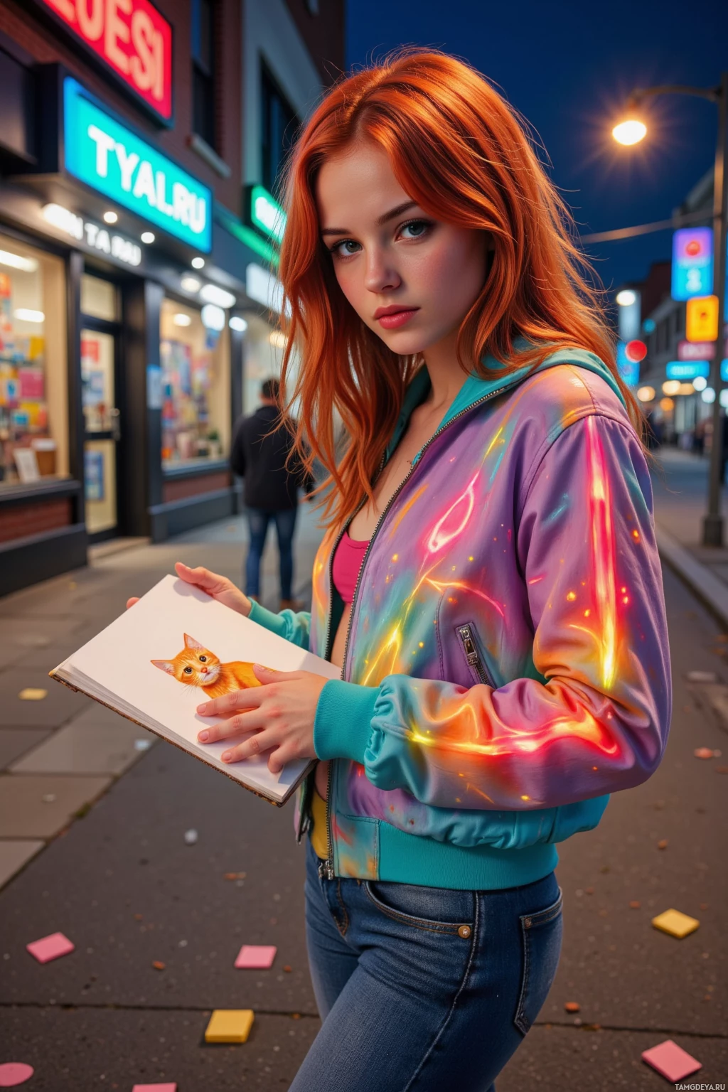 A person with red hair stands on a street at night holding an open book featuring a cat illustration.