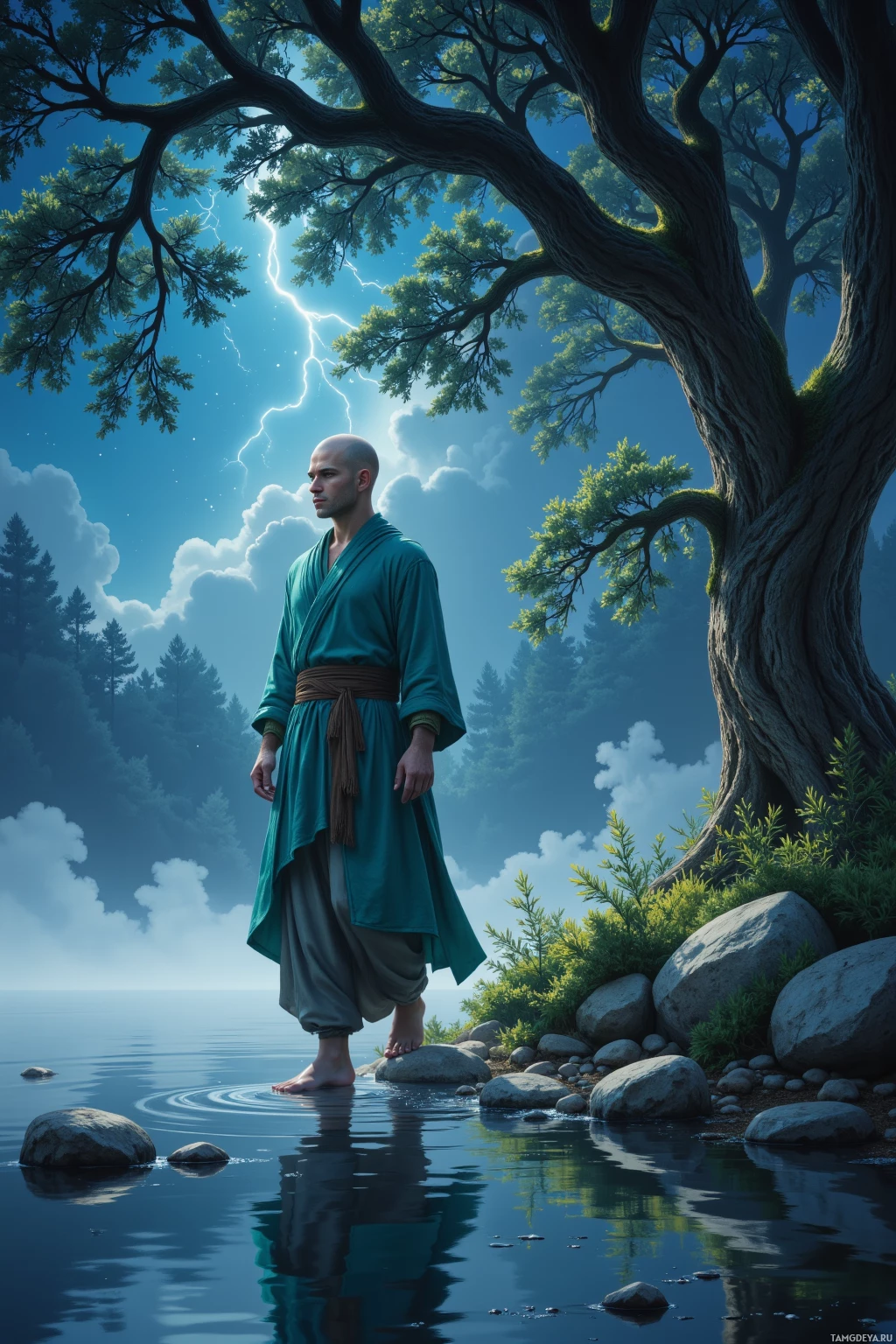 A person in traditional attire stands barefoot on rocks by calm water under a tree with lightning striking in the sky.