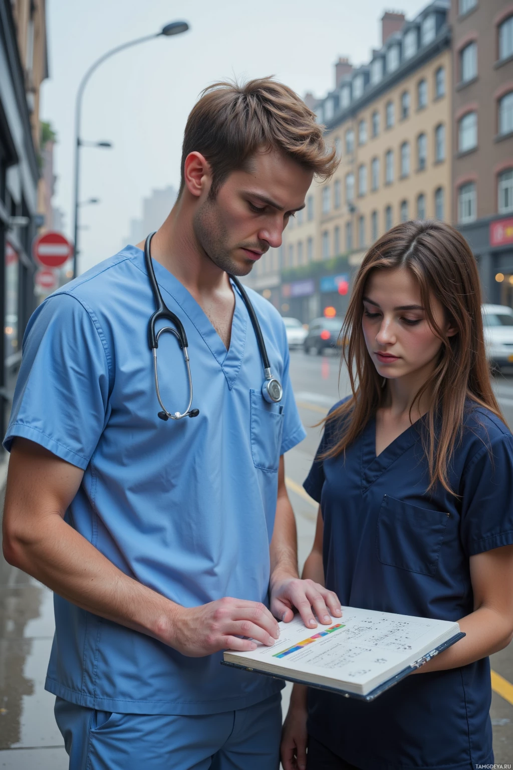 Two individuals in medical scrubs are examining a book together on a city street.