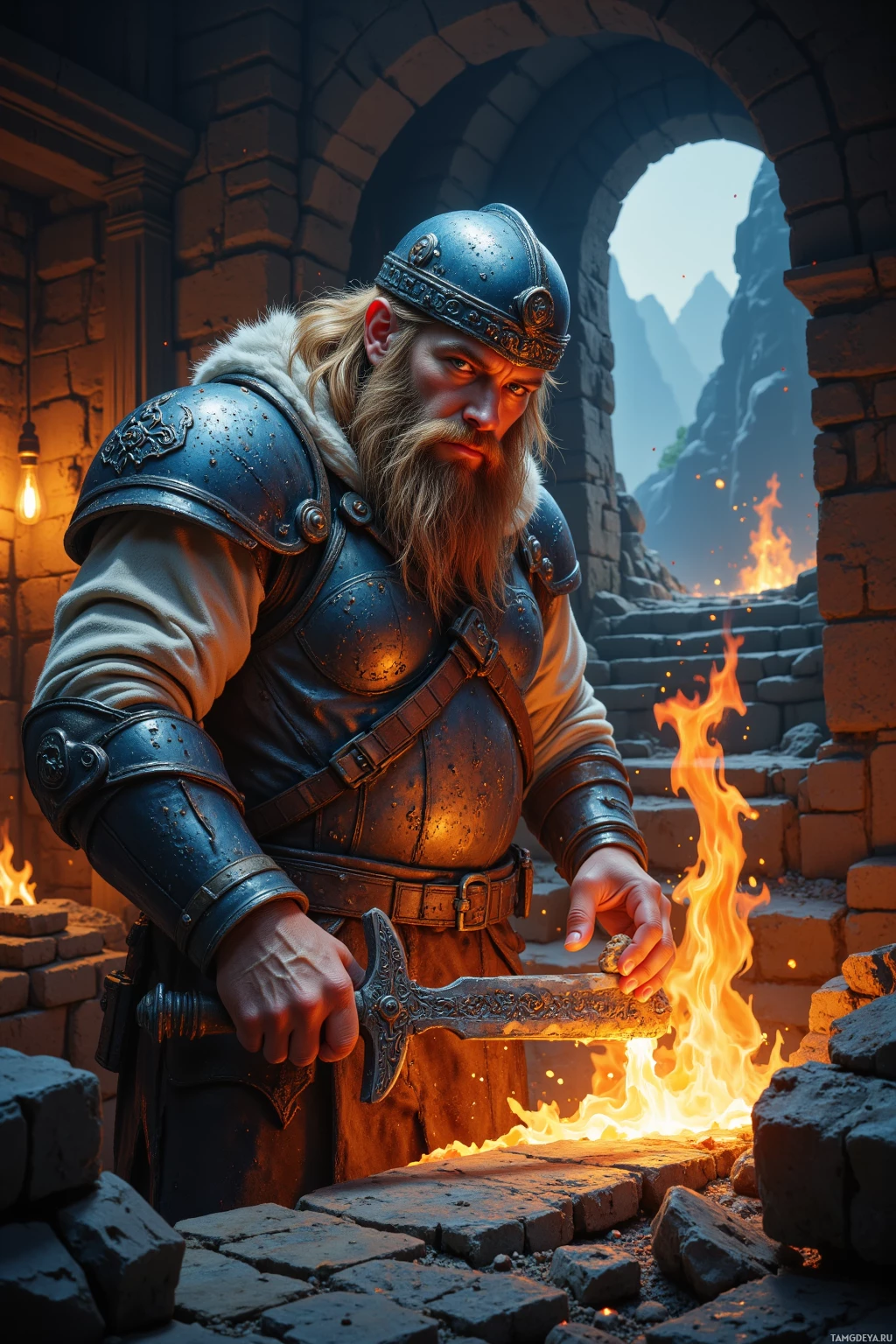 A warrior in armor stands by an open forge, holding a glowing piece of metal and a hammer.