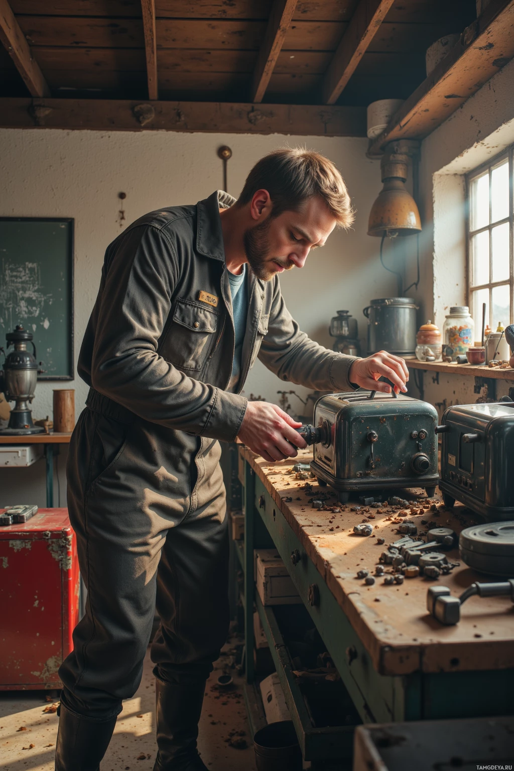 A person is working on a toaster in a workshop.