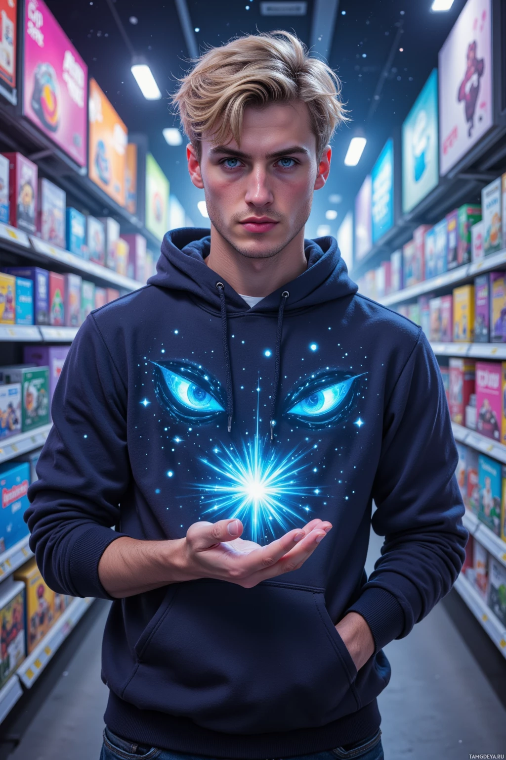 A person wearing a hoodie with a glowing eye design stands in a store aisle.