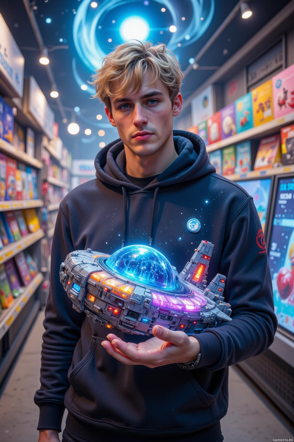 A person in a hoodie holds a glowing spaceship model in a store aisle with shelves and displays behind them.
