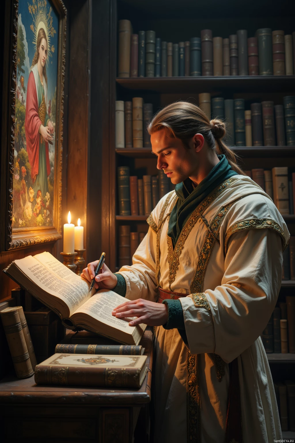 A person in historical attire is writing in a book with a quill, surrounded by books and a religious painting.