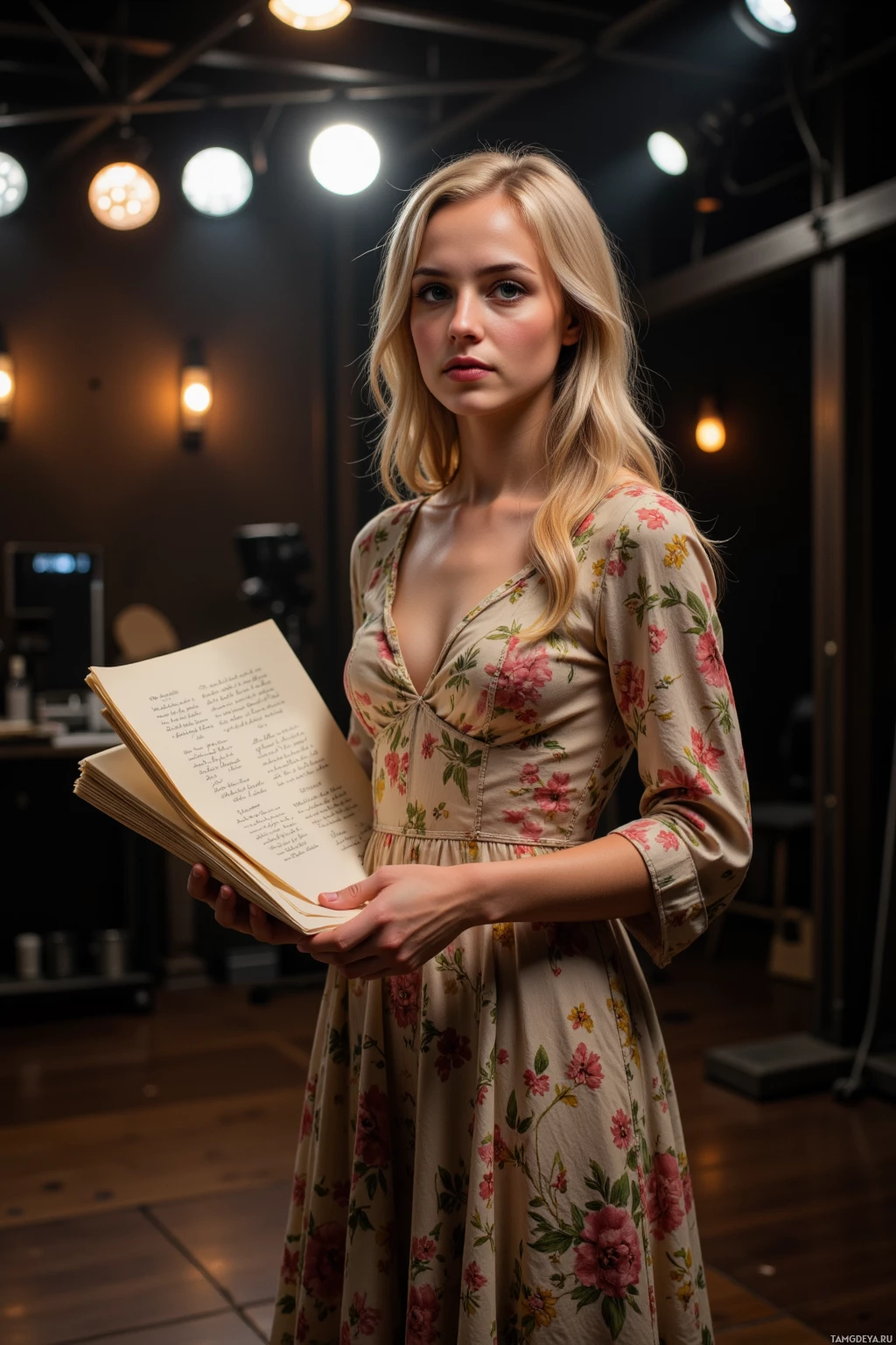 A woman in a floral dress holds an open book in a warmly lit room.