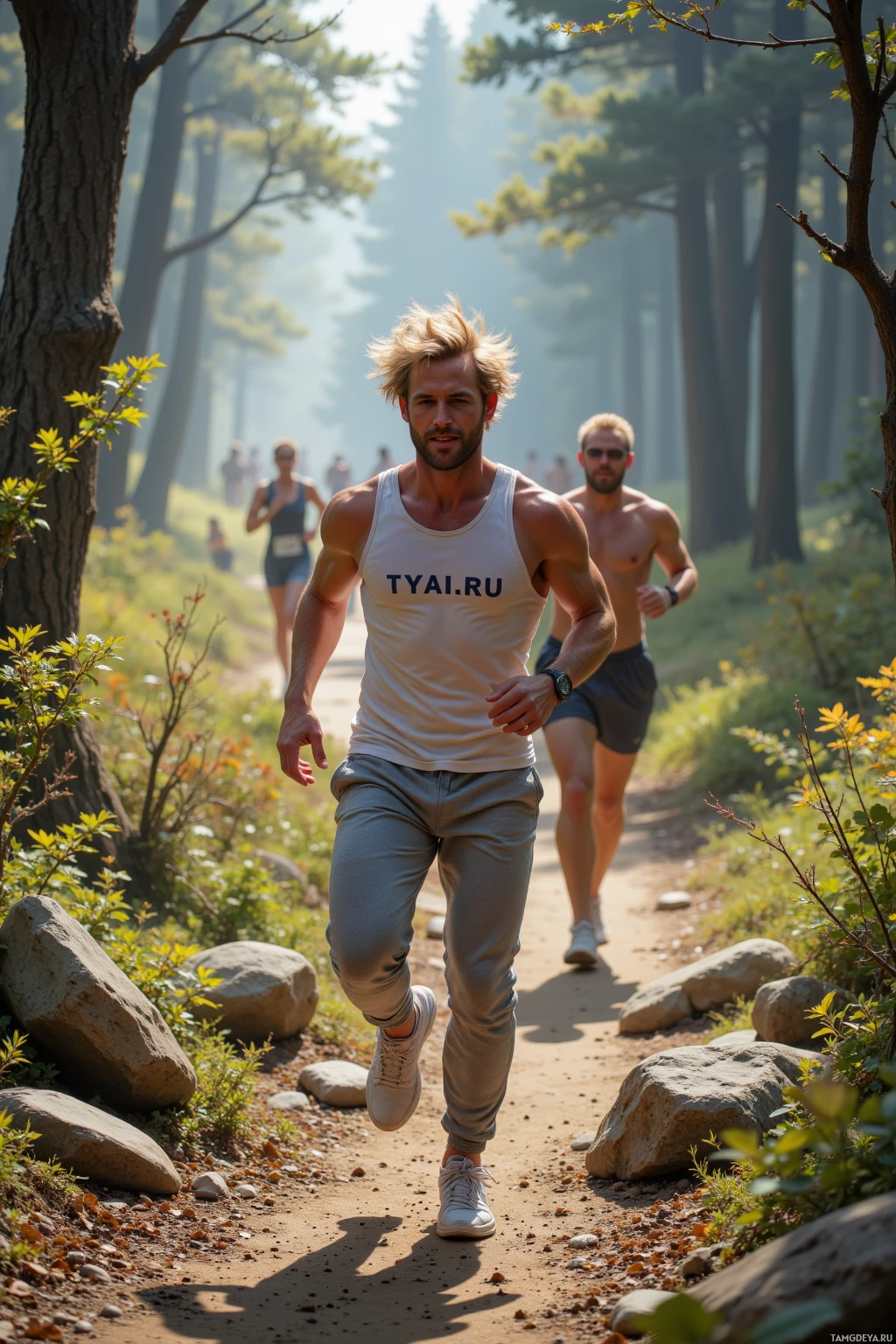 A man runs on a forest trail wearing a white tank top with "TYAI.RU" printed on it and gray pants.