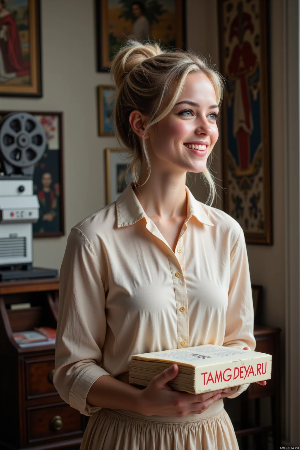 A person in a beige shirt holds a book with text on the cover.