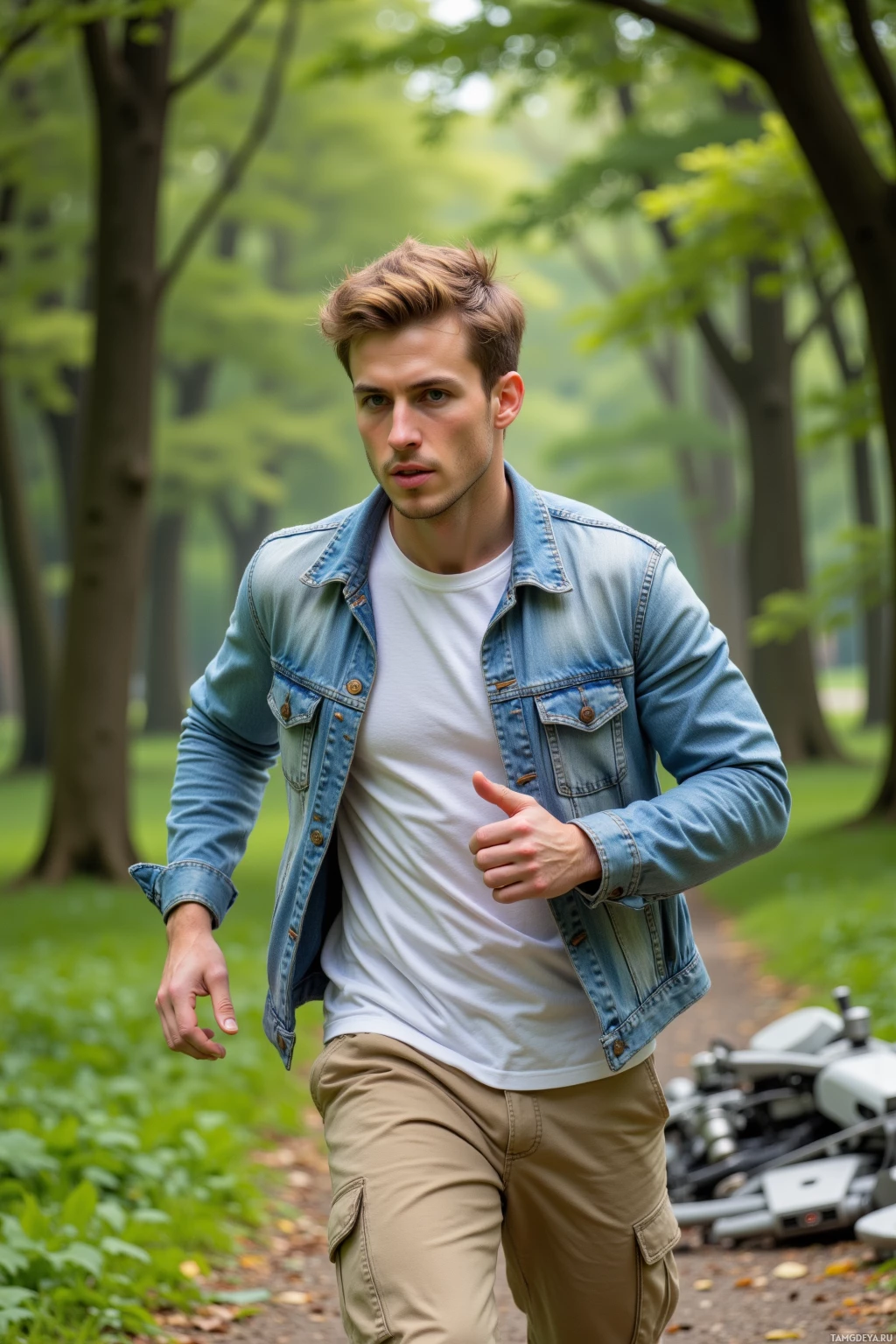 A person wearing a denim jacket and white t-shirt walks through a forested area with greenery in the background.