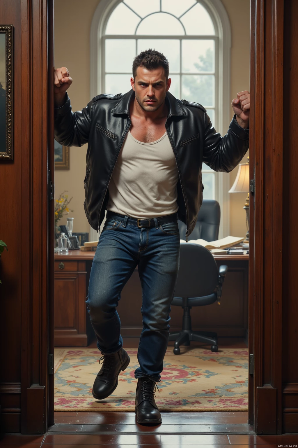 A man in a leather jacket and jeans stands in a doorway, looking serious.