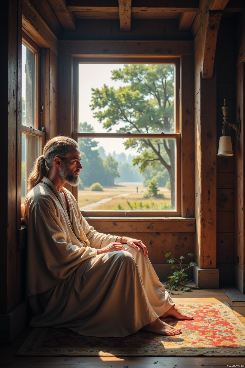 A person in light-colored robes sits on a patterned rug by a window, gazing out at a serene landscape with trees and fields.