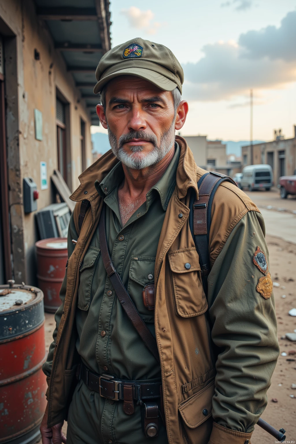 A man in a military-style uniform stands in an outdoor setting with a backdrop of buildings and a cloudy sky.
