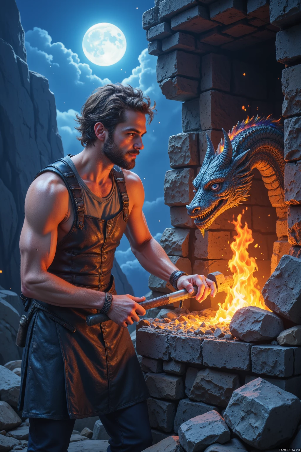 A man in a leather apron hammers a glowing object in a forge, with a dragon head emerging from the flames.