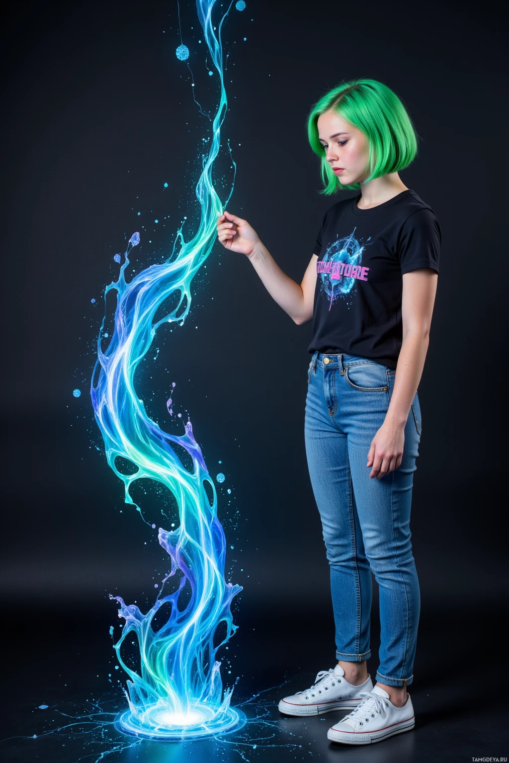 A person with green hair stands beside an animated blue and purple energy effect on a dark background.