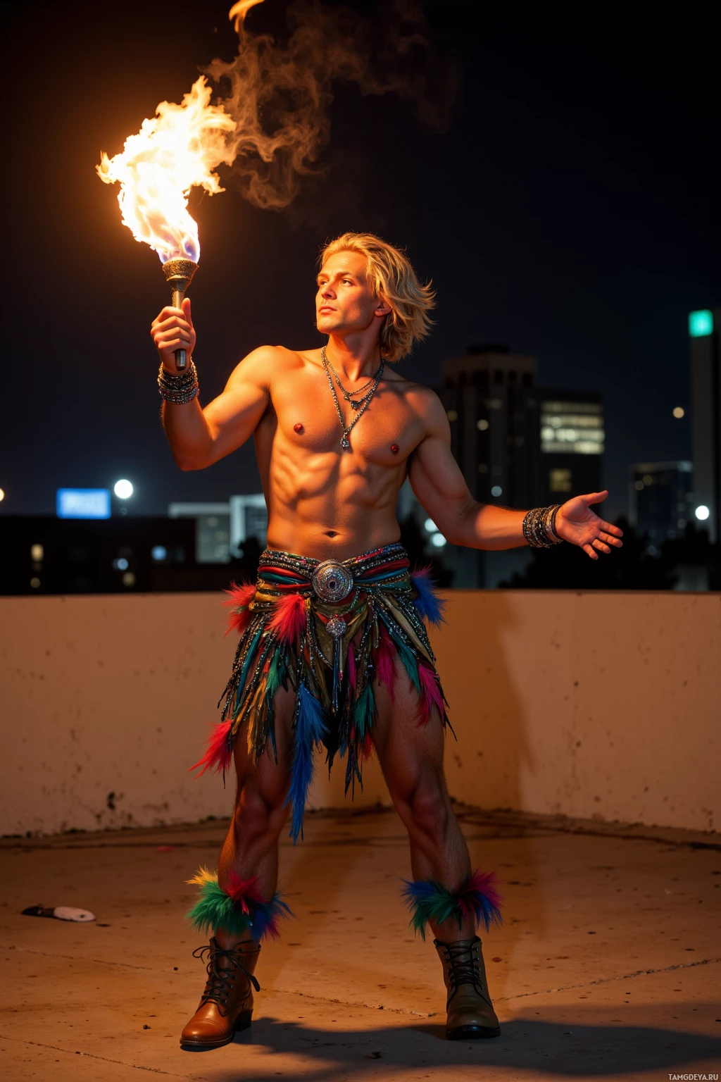 A person in colorful attire holds a flaming torch against a nighttime cityscape backdrop.