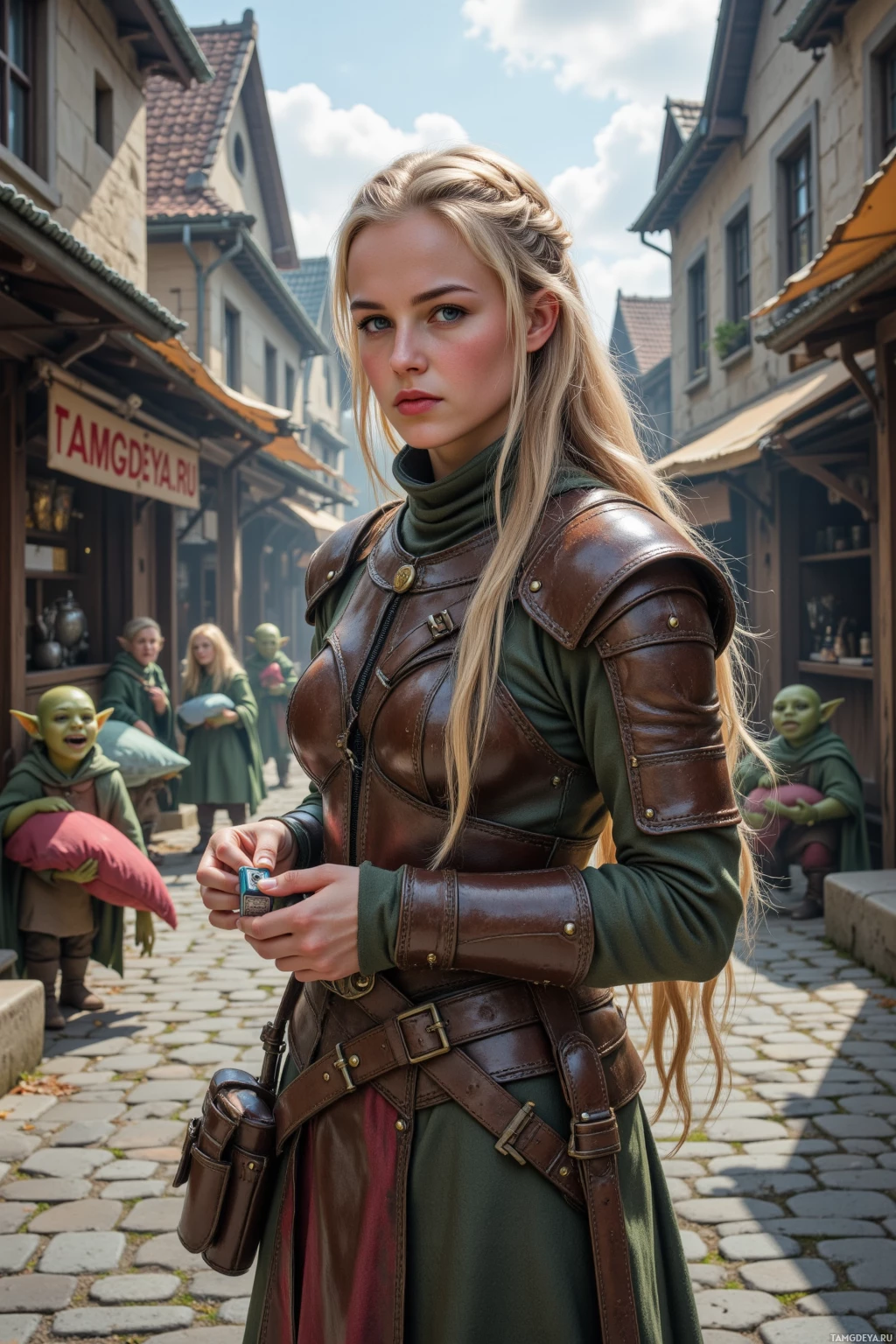A person in medieval-style armor stands in a cobblestone street with small green creatures in the background.