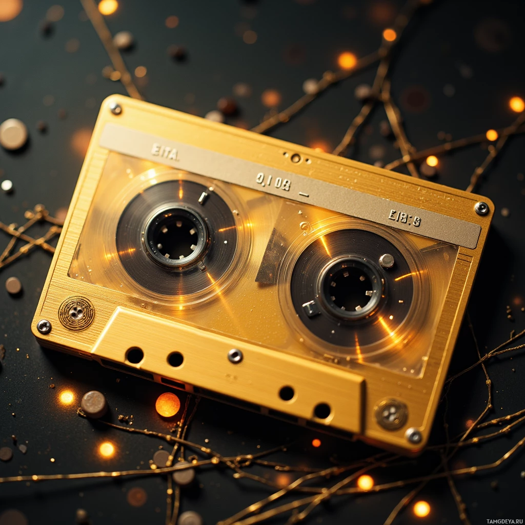 A golden cassette tape with a reflective surface and intricate details.
