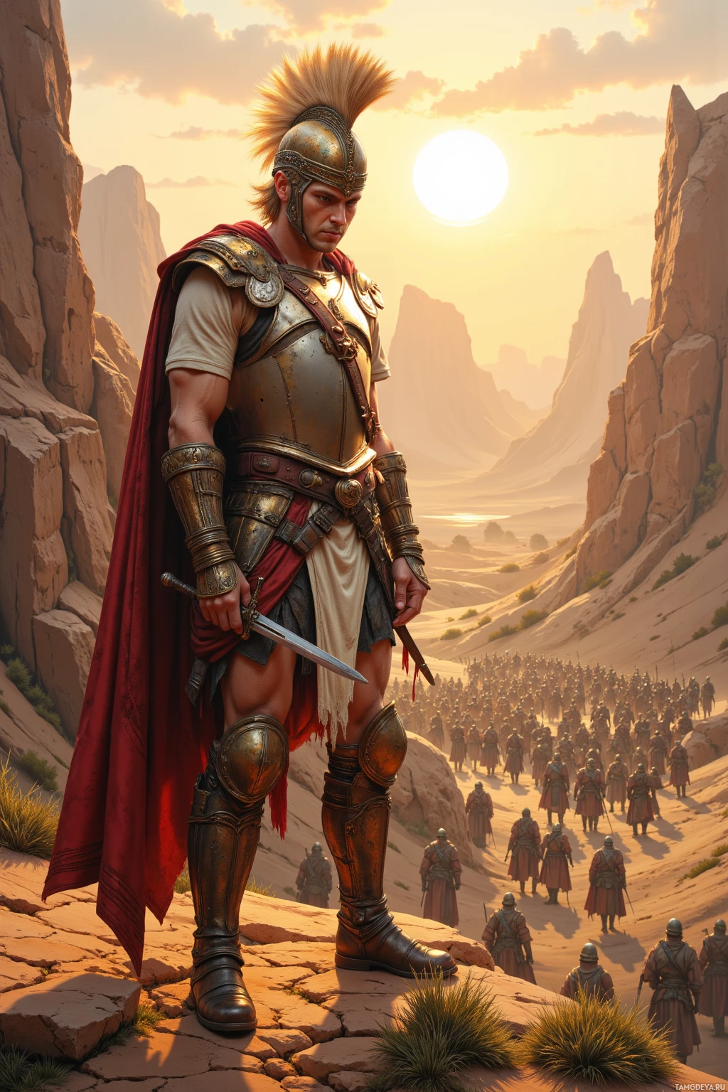 A Roman soldier stands on a rocky outcrop overlooking a vast desert landscape at sunset, leading an army in formation below.