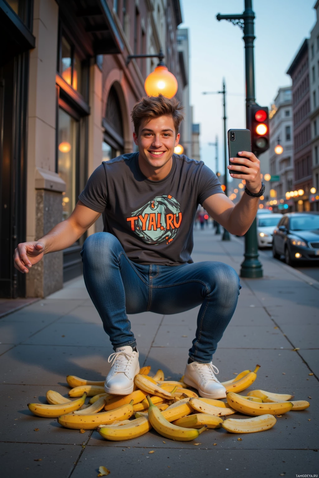 A person is squatting on a sidewalk surrounded by bananas while taking a selfie with their phone.