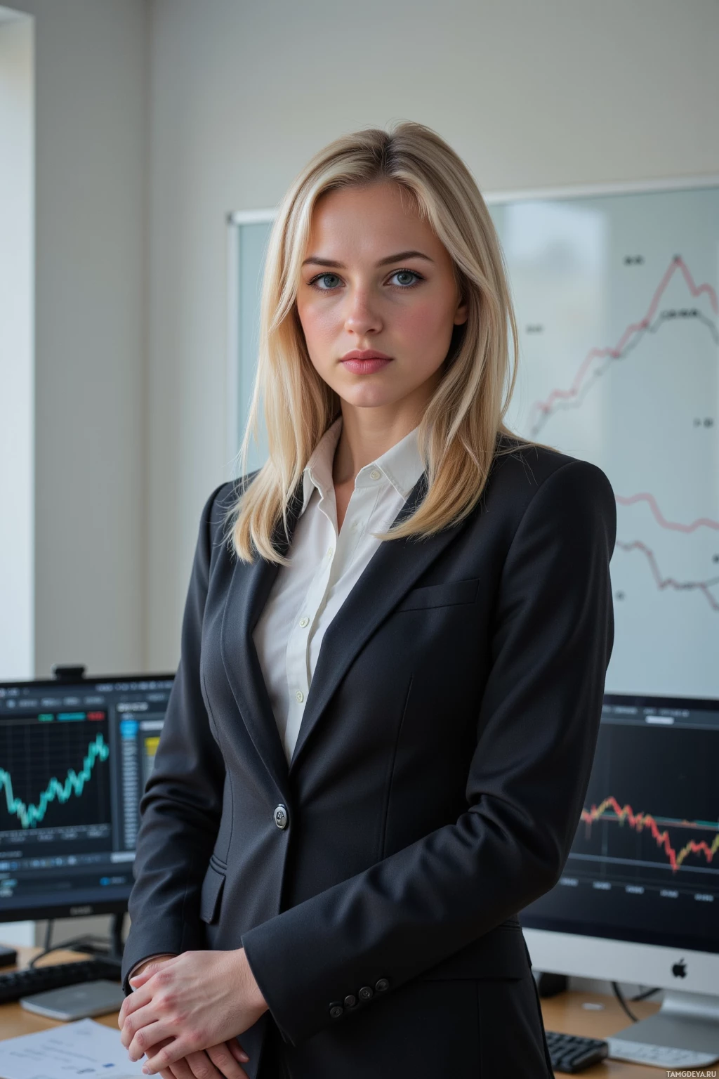 A woman in a professional setting, wearing a black blazer and white shirt, stands in front of computer monitors displaying graphs.