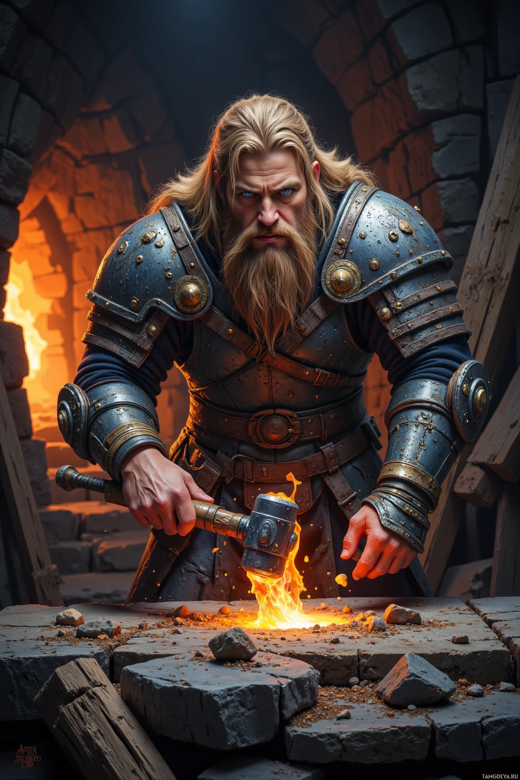 A man in armor holds a hammer over glowing molten metal in a forge.