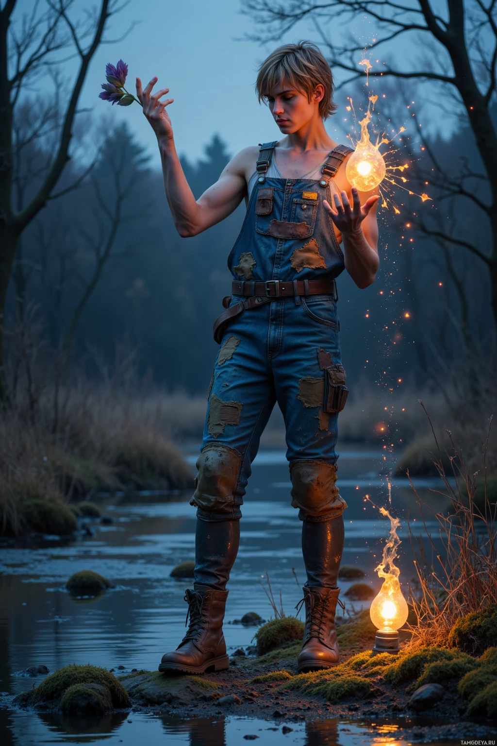 A person in overalls stands by a riverbank, holding a glowing orb and a flower, with another glowing orb on the ground nearby.