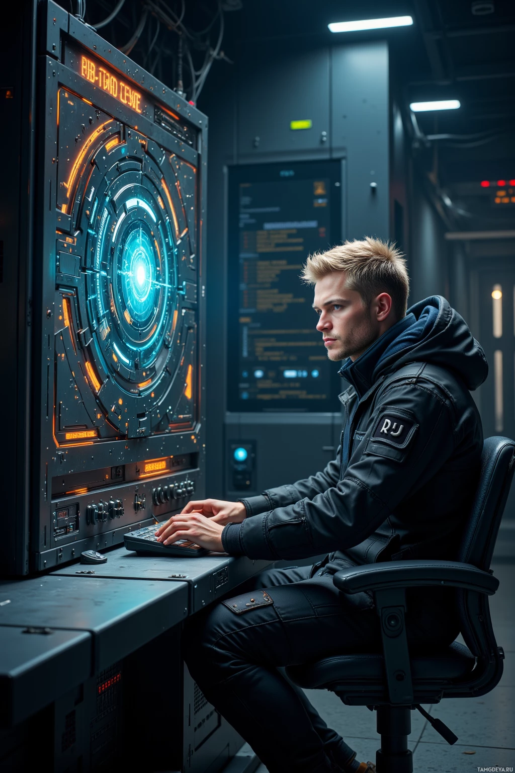 A person in a tactical uniform is seated at a high-tech control panel in a dimly lit room.