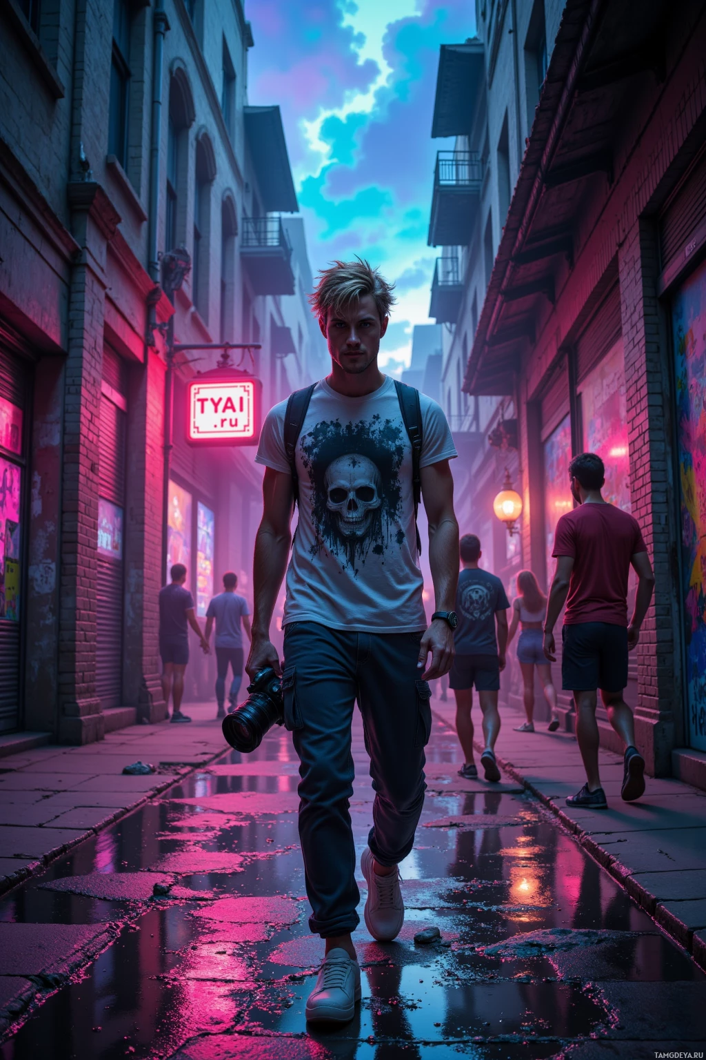 A person walks down a neon-lit alleyway holding a camera.