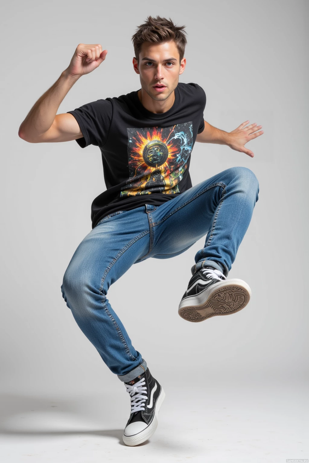 A person is mid-jump in jeans and sneakers, wearing a graphic t-shirt.