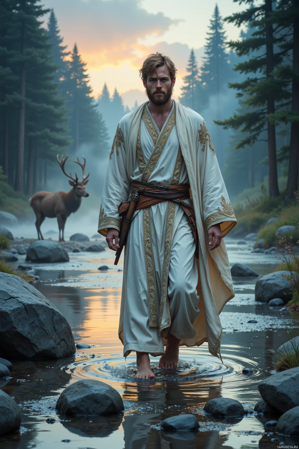 A person in traditional attire stands barefoot in a shallow stream, with a deer and forest in the background.