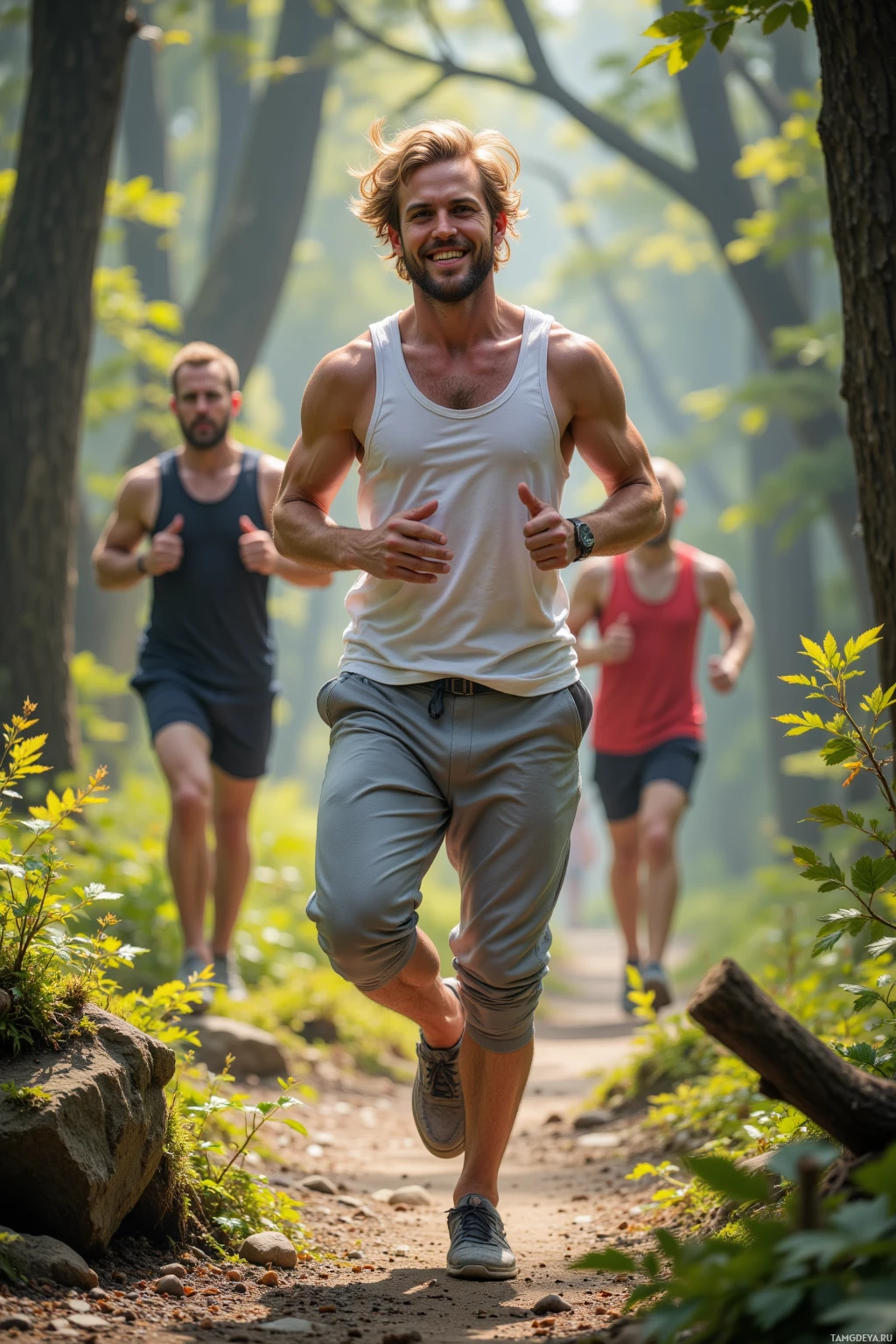 A group of people is running on a forest trail.