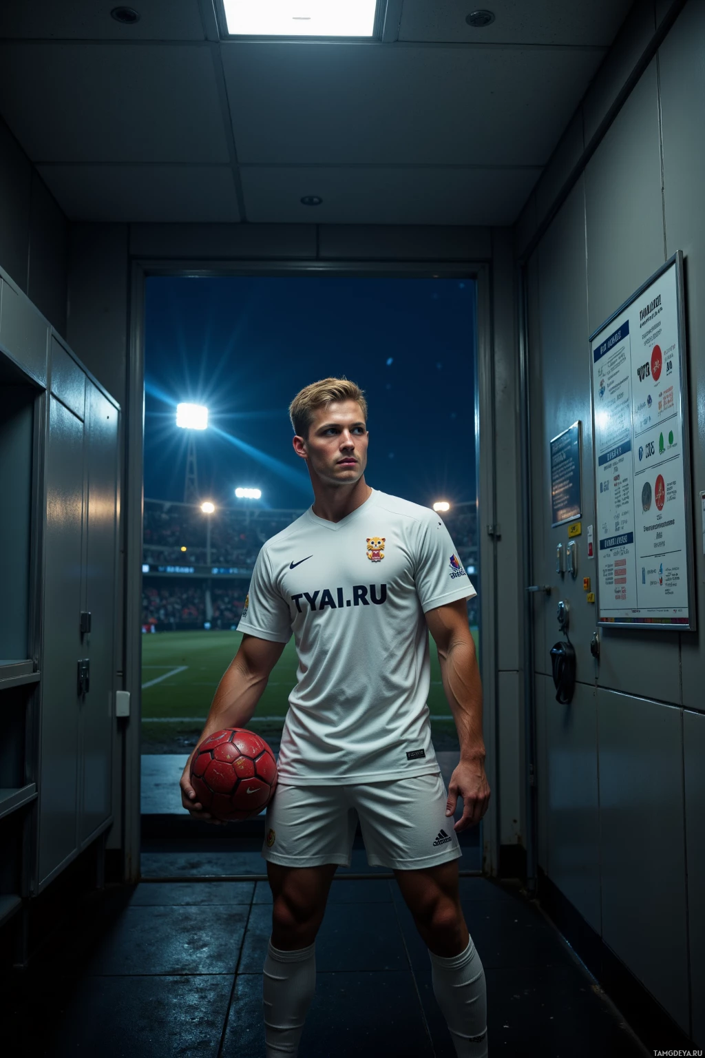 A soccer player in white attire stands in a hallway holding a red ball, with a stadium illuminated by lights visible through an open door behind him.
