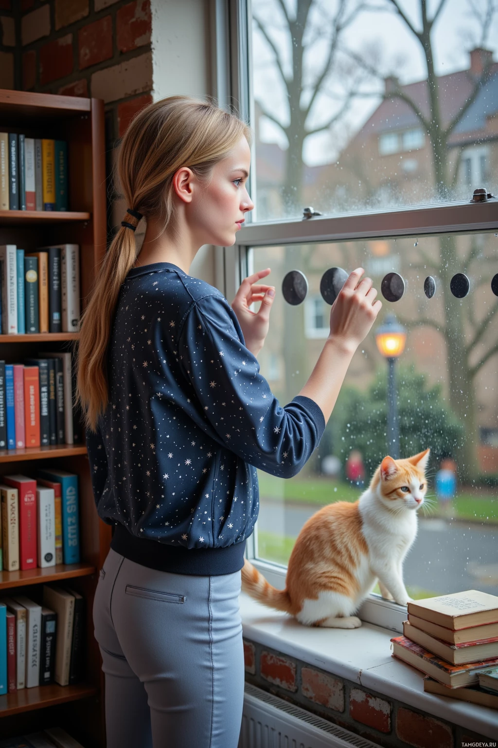 A person stands by a window with a cat on the sill, looking out at the street while holding up phases of the moon.